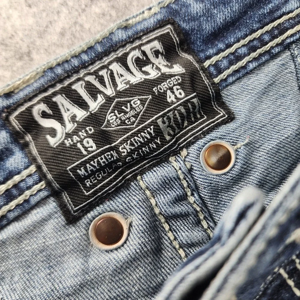 Salvage Mayhem Skinny Blue Distressed Buckle Whiskered Jeans Mens 30x30